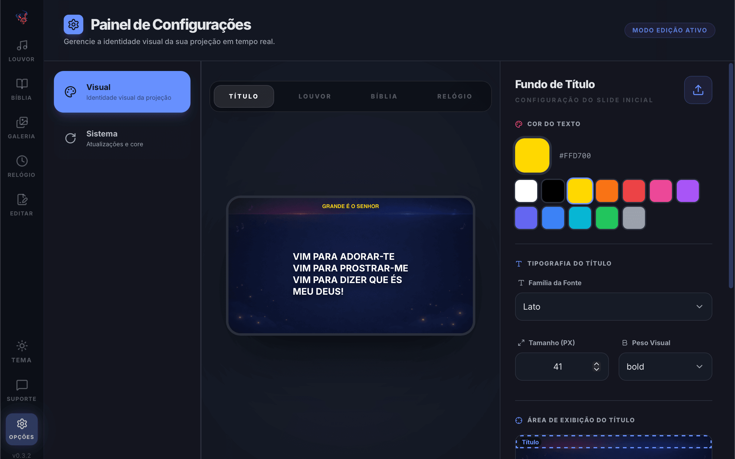 Painel de configurações visuais do Louvando Projeção com cor, fonte e tamanho do texto