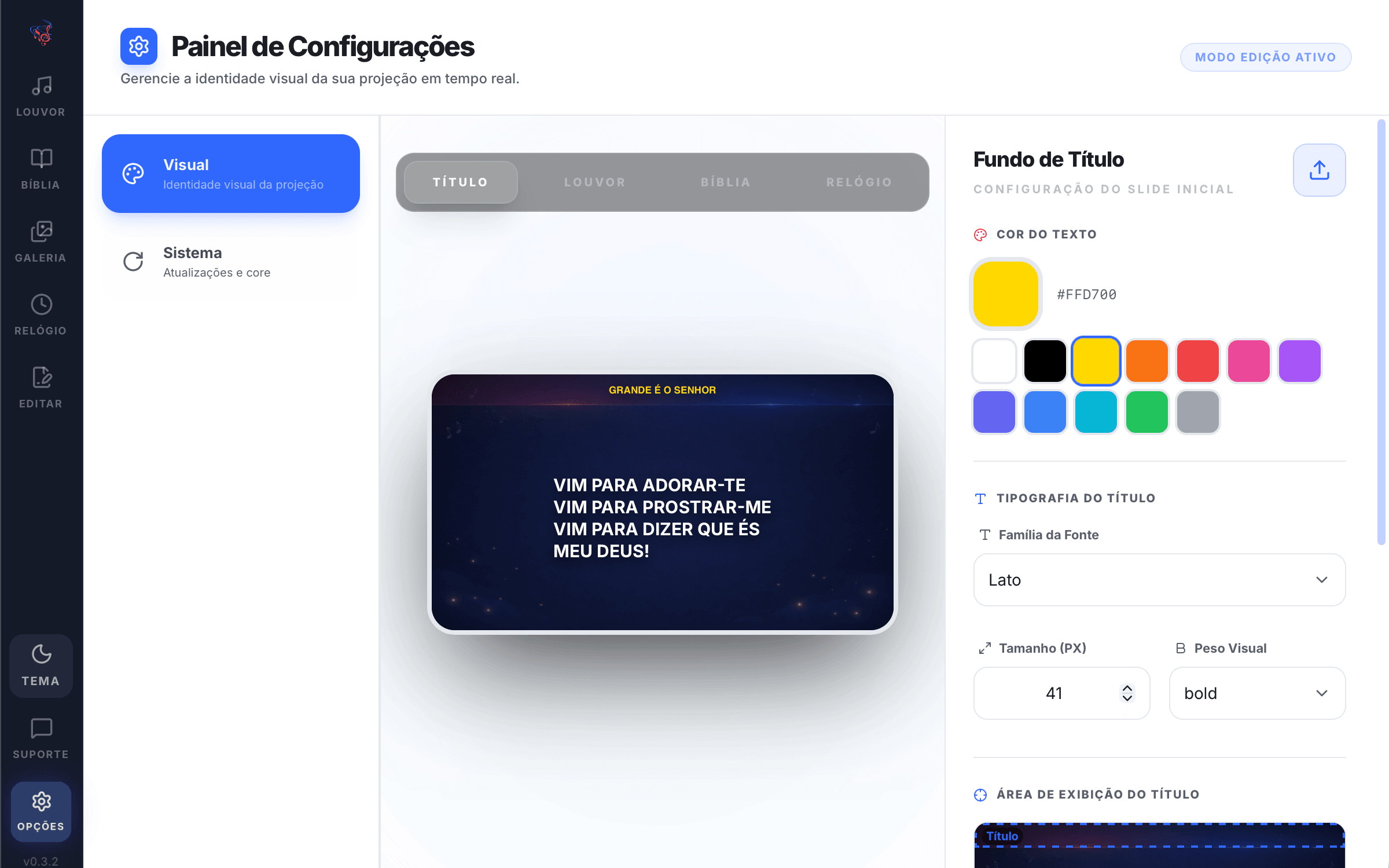 Painel de configurações visuais do Louvando Projeção com cor, fonte e tamanho do texto
