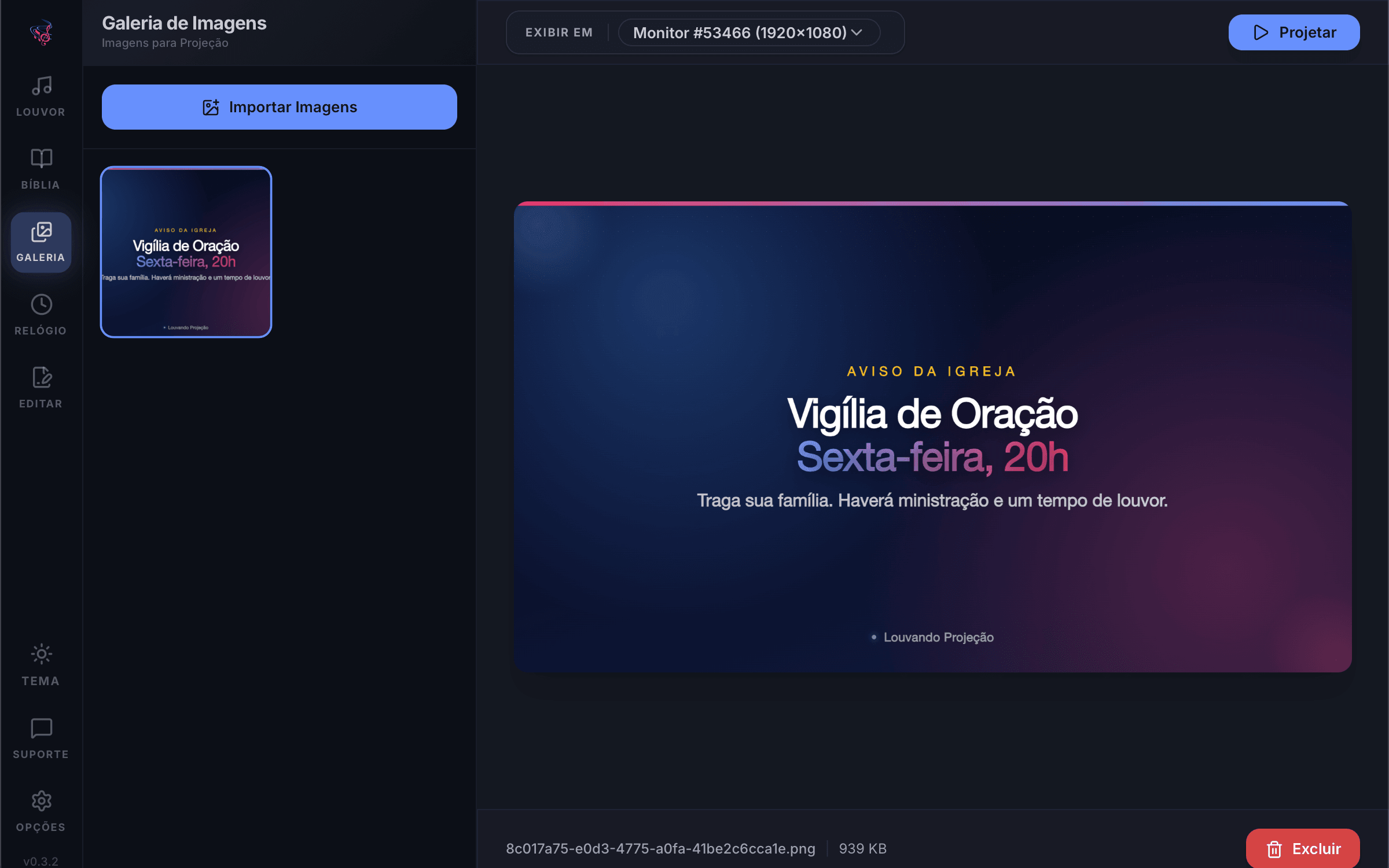Aba Galeria do Louvando Projeção com um aviso da igreja pronto para ser projetado