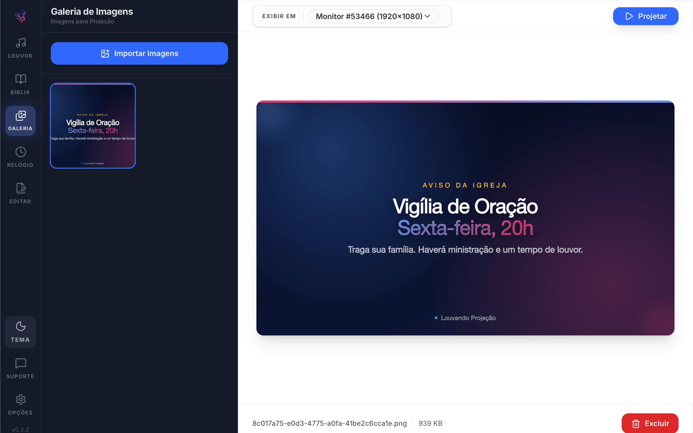 Aba Galeria do Louvando Projeção com um aviso da igreja pronto para ser projetado