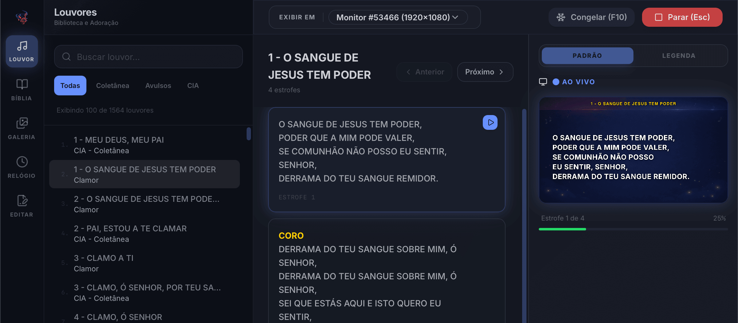 Janela do operador do Louvando Projeção com a biblioteca de louvores e a letra em projeção ao vivo