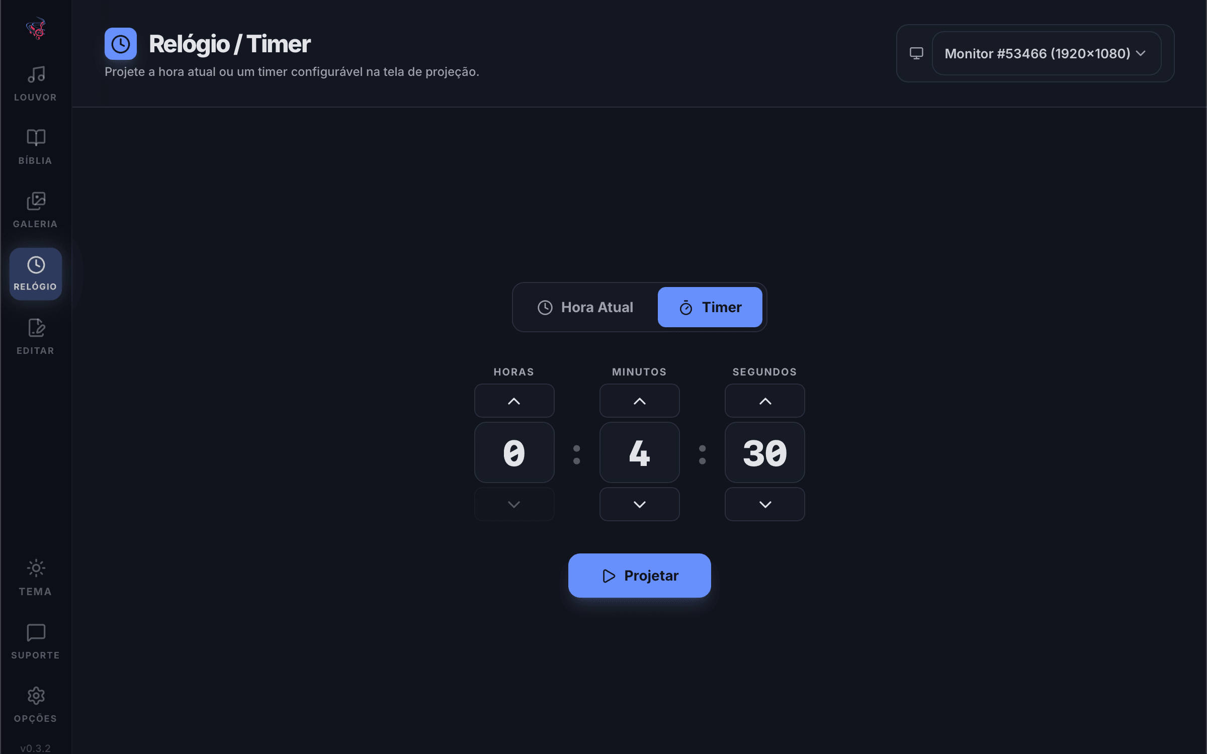 Aba Relógio do Louvando Projeção configurando um timer regressivo de 4 minutos e 30 segundos
