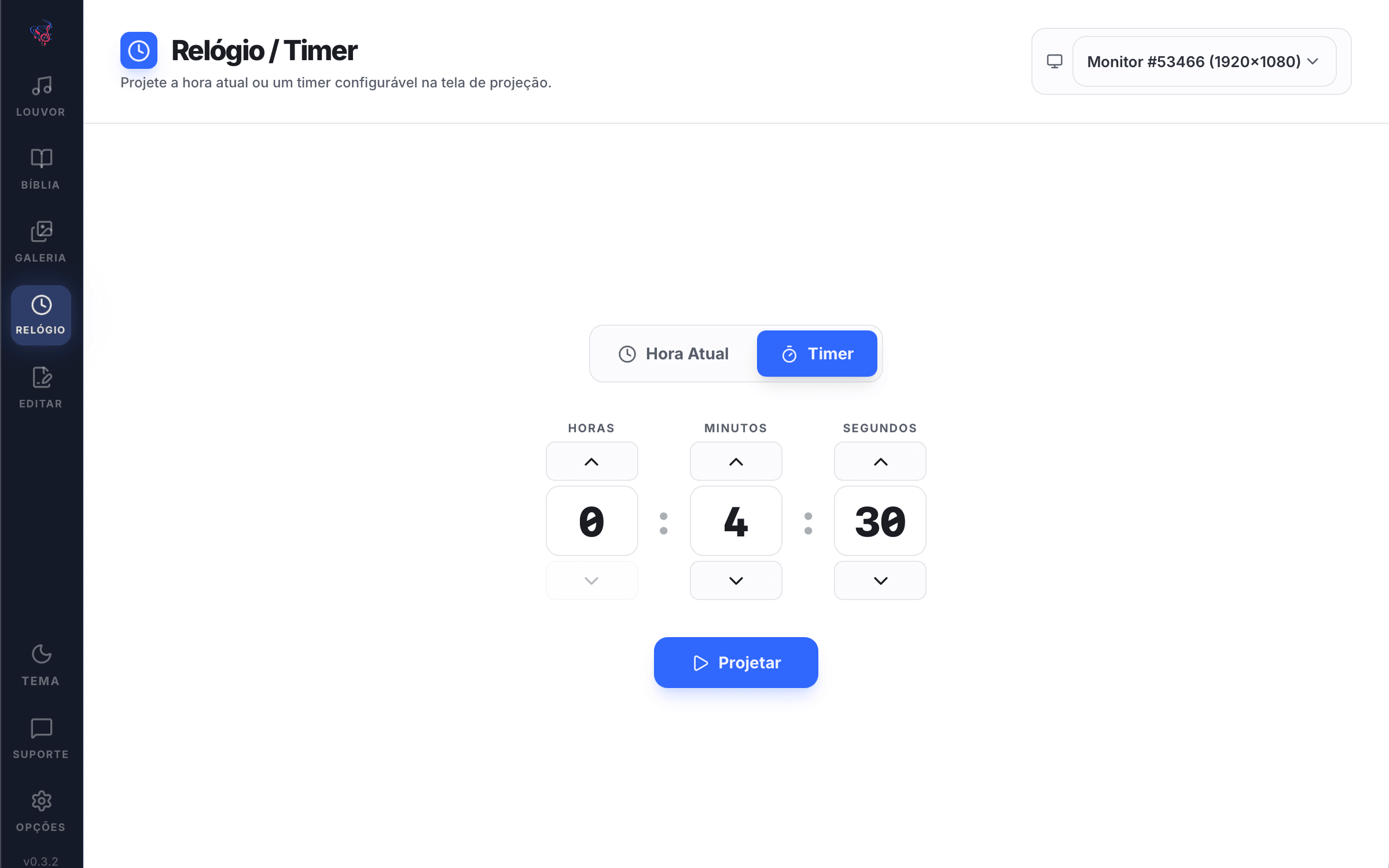 Aba Relógio do Louvando Projeção configurando um timer regressivo de 4 minutos e 30 segundos