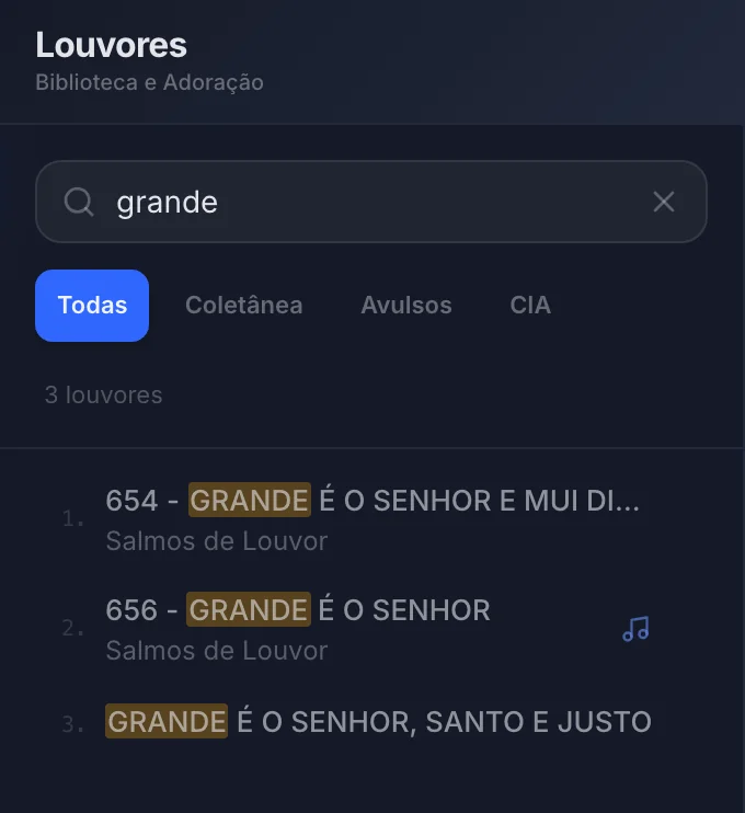 Campo de busca com um termo digitado, a lista filtrada com o termo destacado e a mensagem com o total de louvores encontrados.