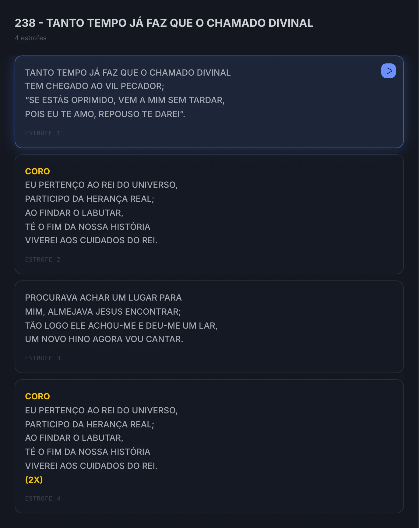 Lista de slides de um louvor com a linha CORO em amarelo e itálico.