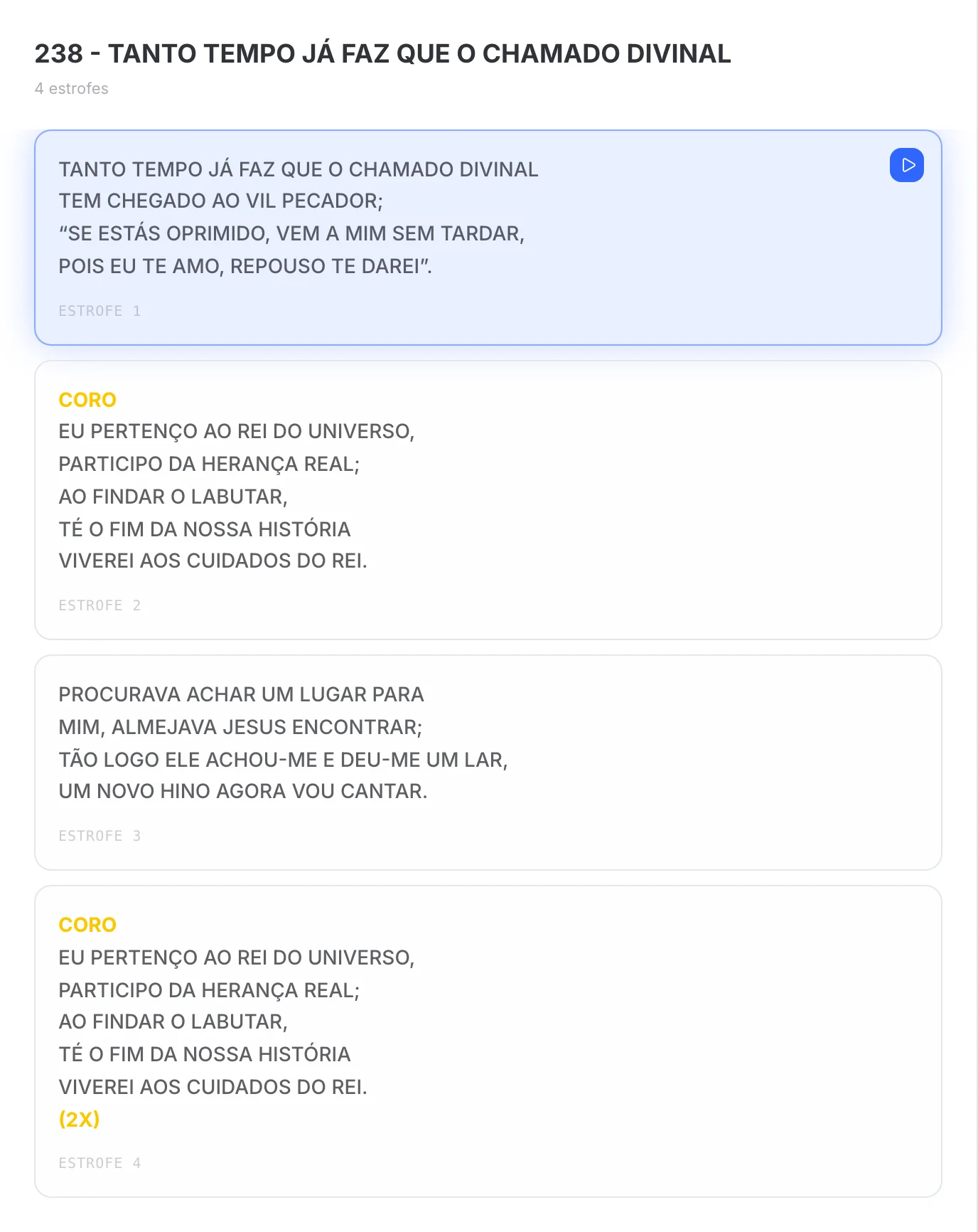 Lista de slides de um louvor com a linha CORO em amarelo e itálico.