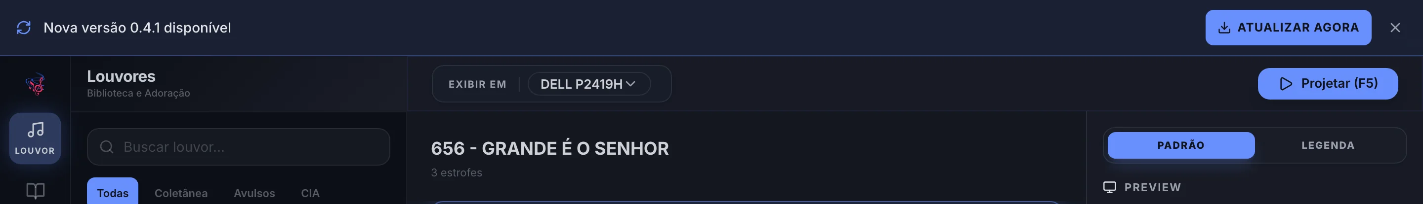 Faixa no topo da janela com o texto Nova versão disponível e os botões Atualizar agora e Dispensar.