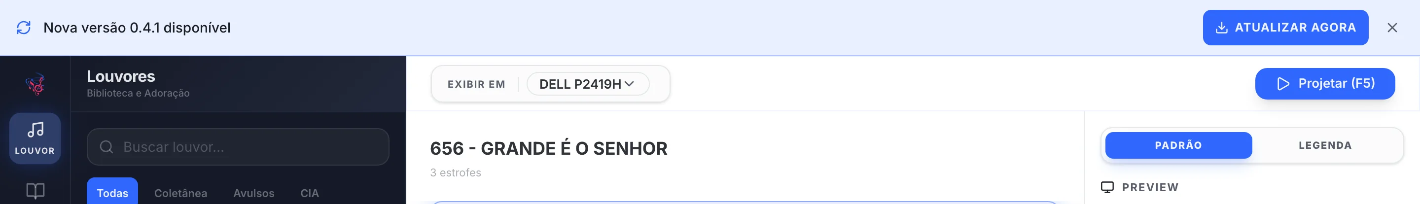 Faixa no topo da janela com o texto Nova versão disponível e os botões Atualizar agora e Dispensar.