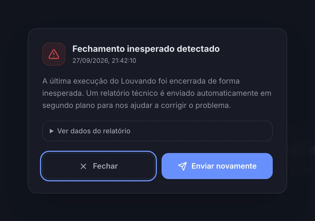 Aviso Fechamento inesperado detectado, com a explicação, o item Ver dados do relatório e os botões Fechar e Enviar novamente.