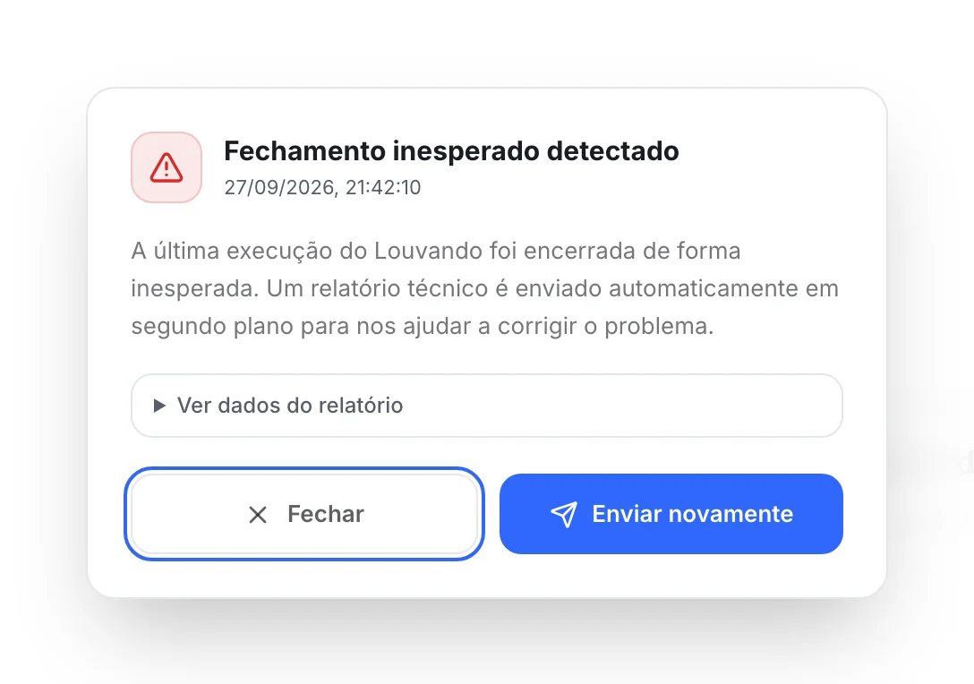 Aviso Fechamento inesperado detectado, com a explicação, o item Ver dados do relatório e os botões Fechar e Enviar novamente.