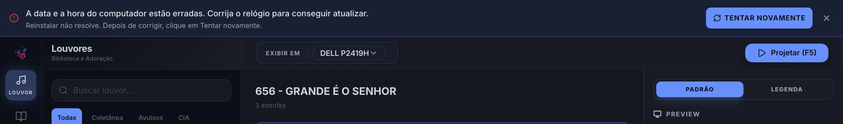 Faixa de erro no topo da janela com a mensagem sobre a data e a hora do computador estarem erradas e o botão Tentar novamente.