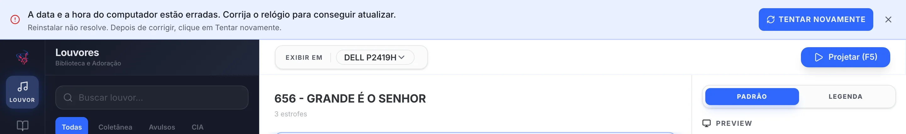 Faixa de erro no topo da janela com a mensagem sobre a data e a hora do computador estarem erradas e o botão Tentar novamente.
