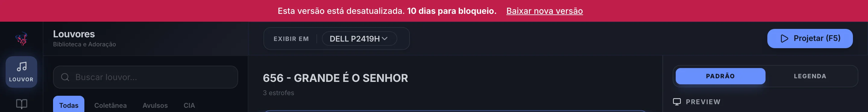 Faixa no topo da janela com o texto Esta versão está desatualizada, a contagem de dias para o bloqueio e o link Baixar nova versão.