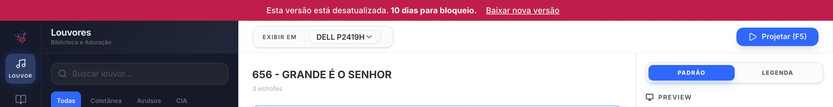 Faixa no topo da janela com o texto Esta versão está desatualizada, a contagem de dias para o bloqueio e o link Baixar nova versão.