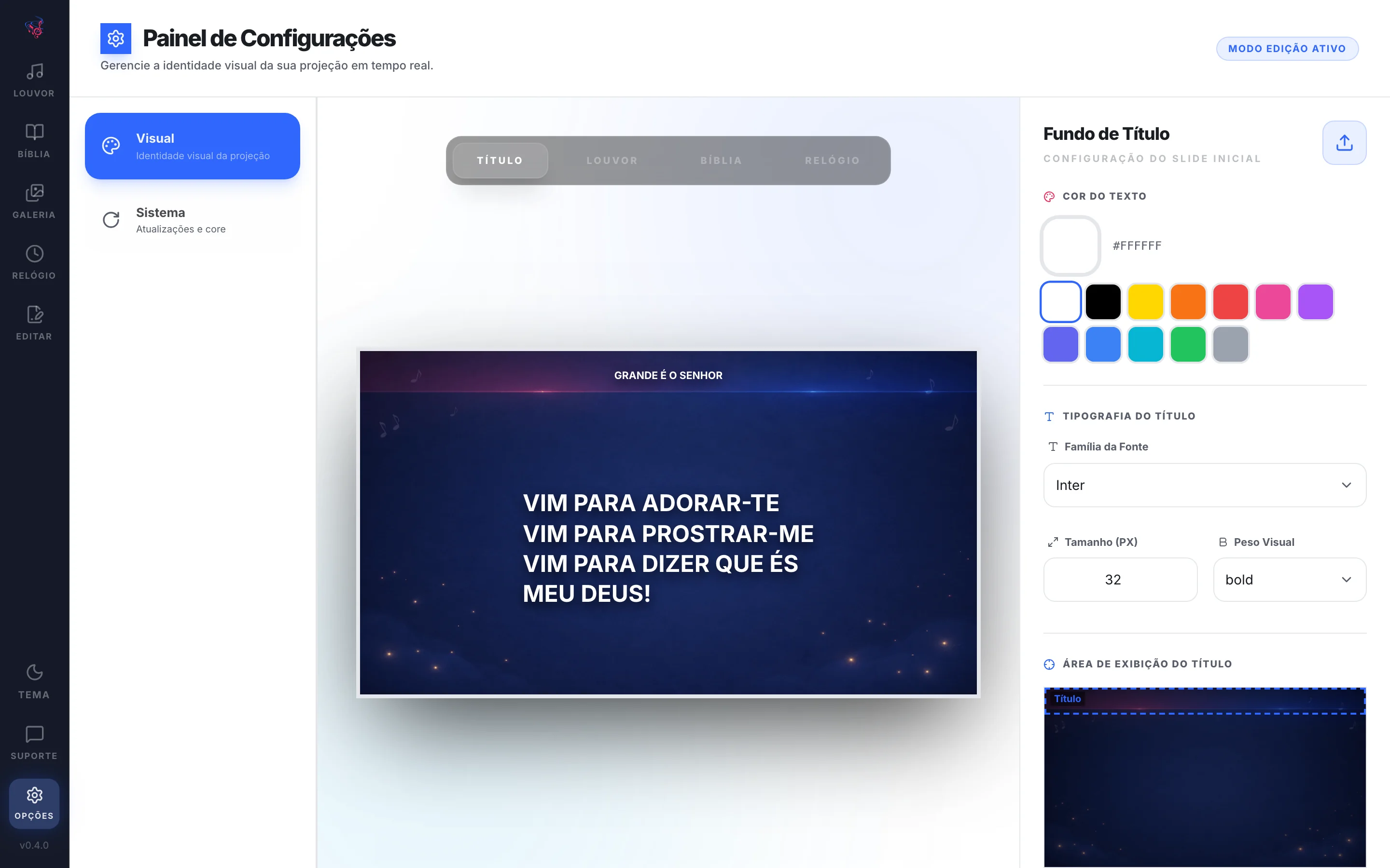 Opções, aba Visual, com a prévia do slide de título no centro e, à direita, os controles de cor, fonte, tamanho, peso e áreas de exibição.